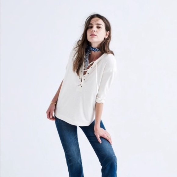 MADEWELL Cream 3/4 Sleeve Cotton-Blend Women's Libra Lace-Up Tee‎ Size M - Picture 4 of 10
